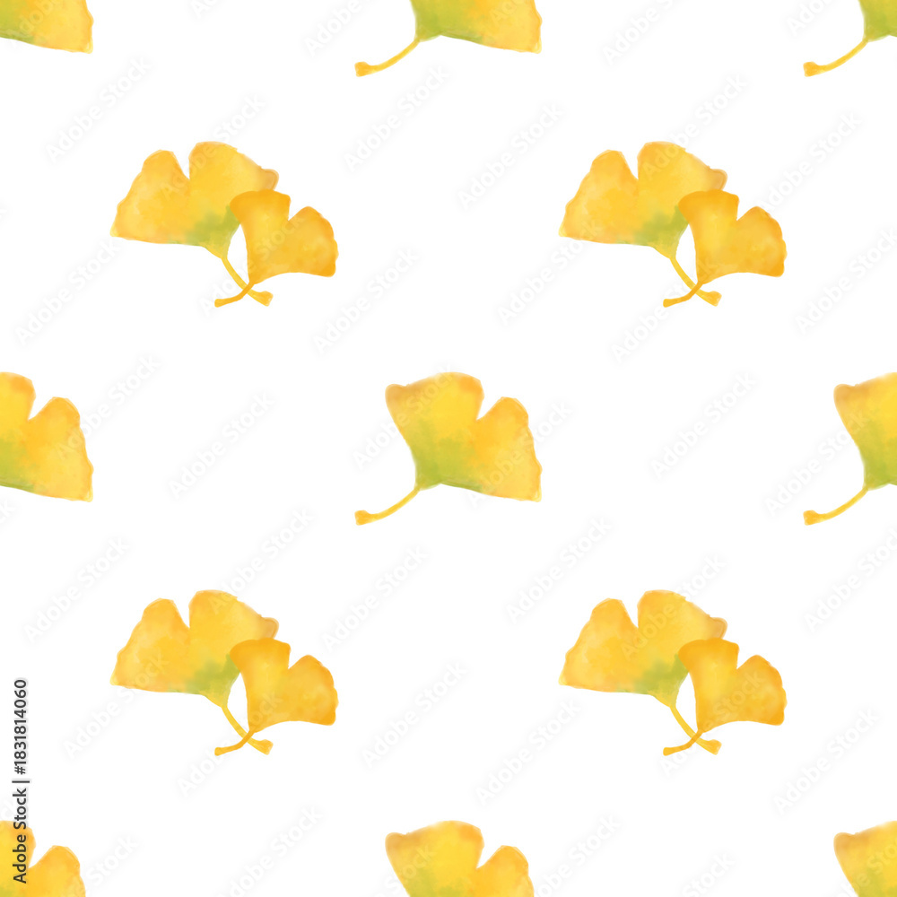 Naklejka premium Autumn ginkgo leaf seamless pattern. Yellow leaves pattern watercolor illustration for wrapping paper, textile prints, banners, backgrounds