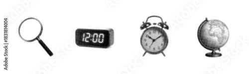 Magnifying glass, digital clock, alarm clock, and globe illustration
