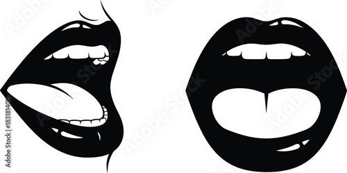 Black and white illustration depicting two expressive mouths in different states