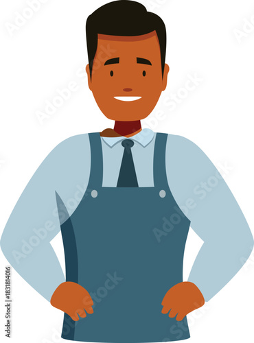 Young barista wearing apron and smiling, ready to prepare coffee