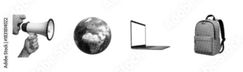 Monochrome collage: megaphone, globe, laptop, backpack