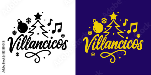 Logo de Navidad. Palabra manuscrita Villancicos con siluetas de notas musicales y símbolos de la Navidad para tarjetas y felicitaciones 