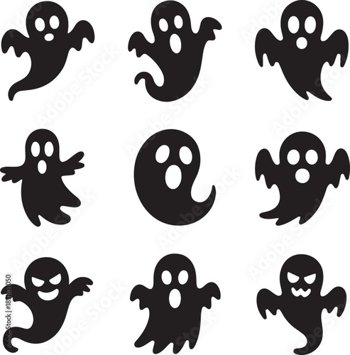 Collection of nine spooky ghost silhouettes for Halloween decoration and design