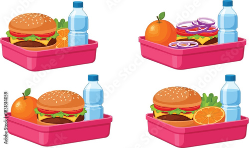 Four pink lunch boxes filled with burgers fruit and water bottles