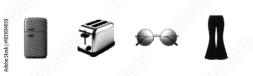 Stylized retro objects: controller, toaster, glasses, vase in halftone pattern