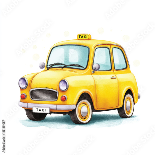 Cute Yellow Taxi Car Watercolor Illustration for Transportation Design