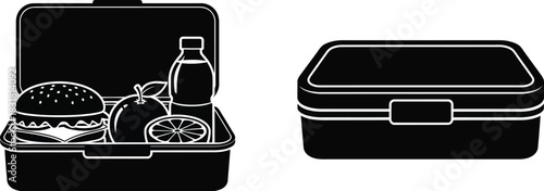 Black and white illustration of a lunchbox containing food items and a drink