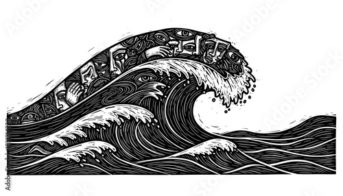 Surreal wave of faces: intricate black and white design