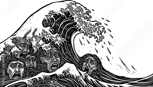 Surreal wave of faces in engraved style capturing emotion and turmoil in black and white art