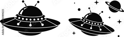 Black and white illustration of two flying saucers and a planet