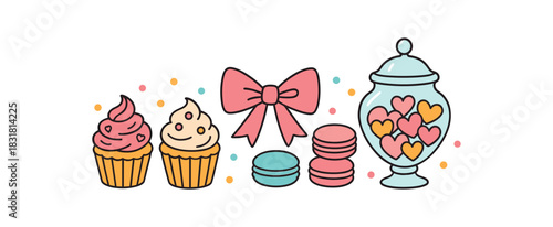 Bridal shower flat vector illustration collection of cute party icons cupcakes macarons candy jar ribbon bow dots arranged horizontal composition handdrawn outlines bright color palette
