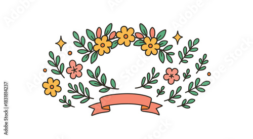 Bridal shower flat vector illustration collection of cute party icons floral crown ribbon blossoms leaves sparkles arranged horizontal composition handdrawn outlines bright color palette