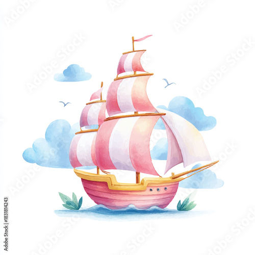 Dreamy Pink Sailboat Watercolor Illustration, Kids Nautical Adventure