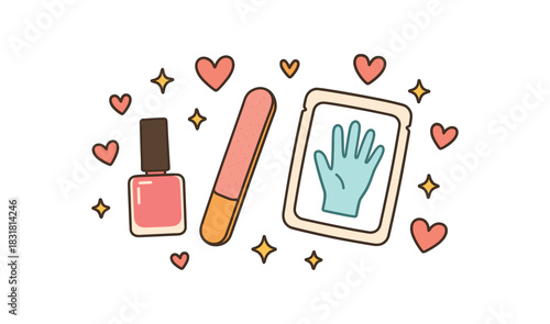 Bridal shower flat vector illustration collection of cute party icons nail polish file hand mask pack (blank) hearts stars arranged horizontal composition handdrawn outlines bright color