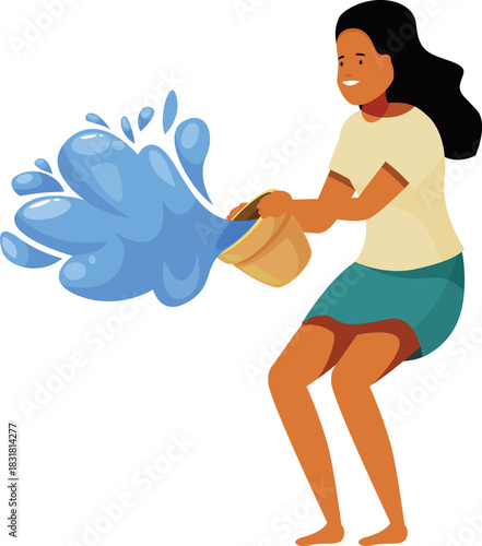 Girl happily throwing water with bucket, enjoying summer fun and happiness