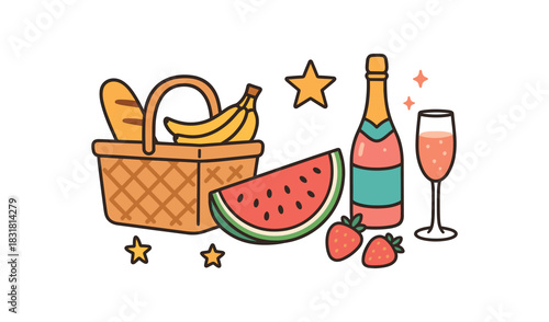 Bachelorette party flat vector illustration collection of cute party icons picnic set: basket fruit sparkling drink icon stars arranged horizontal composition handdrawn outlines bright