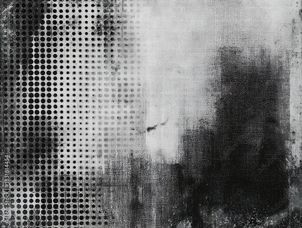 Obraz premium Abstract grunge halftone urban scene with blurred monochrome city silhouettes, textured dotted pattern, smoky atmospheric effect and distressed artistic overlay creating a vintage industrial mood.