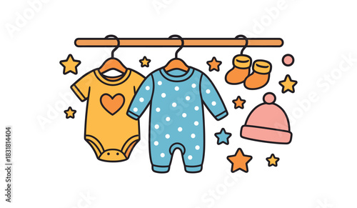 Baby shower flat vector illustration collection of cute newborn icons closet set: hangers onesies booties hat stars arranged horizontal composition handdrawn outlines bright color palette