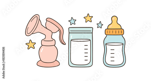 Baby shower flat vector illustration collection of cute newborn icons nursing set: pump silhouette milk bag (blank) bottle stars arranged horizontal composition handdrawn outlines bright