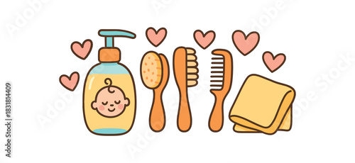 Baby shower flat vector illustration collection of cute newborn icons tummy oil bottle brush comb towel hearts arranged horizontal composition handdrawn outlines bright color palette