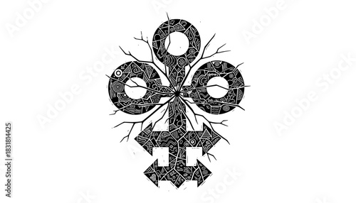 Ornate tribal symbol with intricate geometric patterns and cracked texture artwork