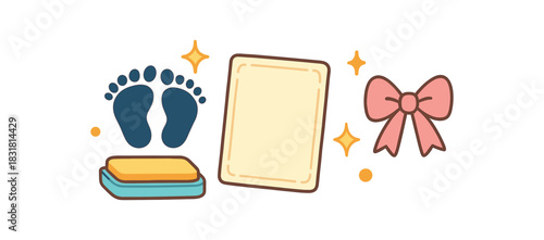 Baby shower flat vector illustration collection of cute newborn icons footprint ink pad card (blank) bow sparkles arranged horizontal composition handdrawn outlines bright color palette