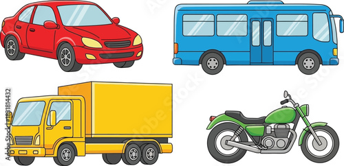 Cartoon illustration depicting a car bus truck and motorcycle vehicles