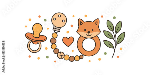 Baby shower flat vector illustration collection of cute newborn icons pacifier clip wooden beads teether leaf dots arranged horizontal composition handdrawn outlines bright color palette