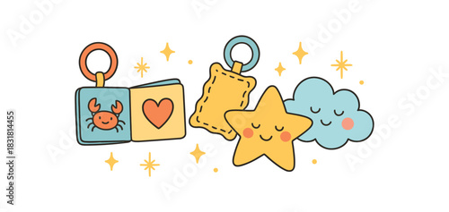 Baby shower flat vector illustration collection of cute newborn icons soft book crinkle toy plush cloud sparkles arranged horizontal composition handdrawn outlines bright color palette