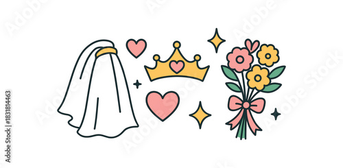Bridal shower flat vector illustration collection of cute party icons veil tiara bouquet hearts sparkles arranged horizontal composition handdrawn outlines bright color palette minimal