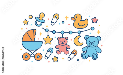 Baby shower flat vector illustration collection of cute newborn icons stroller toy chain clips plush shapes stars dots arranged horizontal composition handdrawn outlines bright color