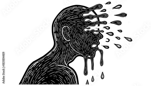 Surreal melting face with extended fingers dripping liquid in black and white ink art