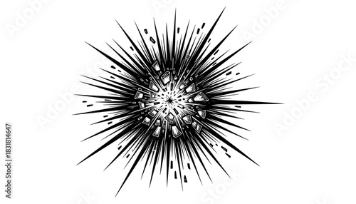 Dynamic comic style explosion with shattered debris and radiating lines