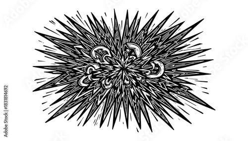 Monochrome comic style explosion with streaking lines and dynamic burst