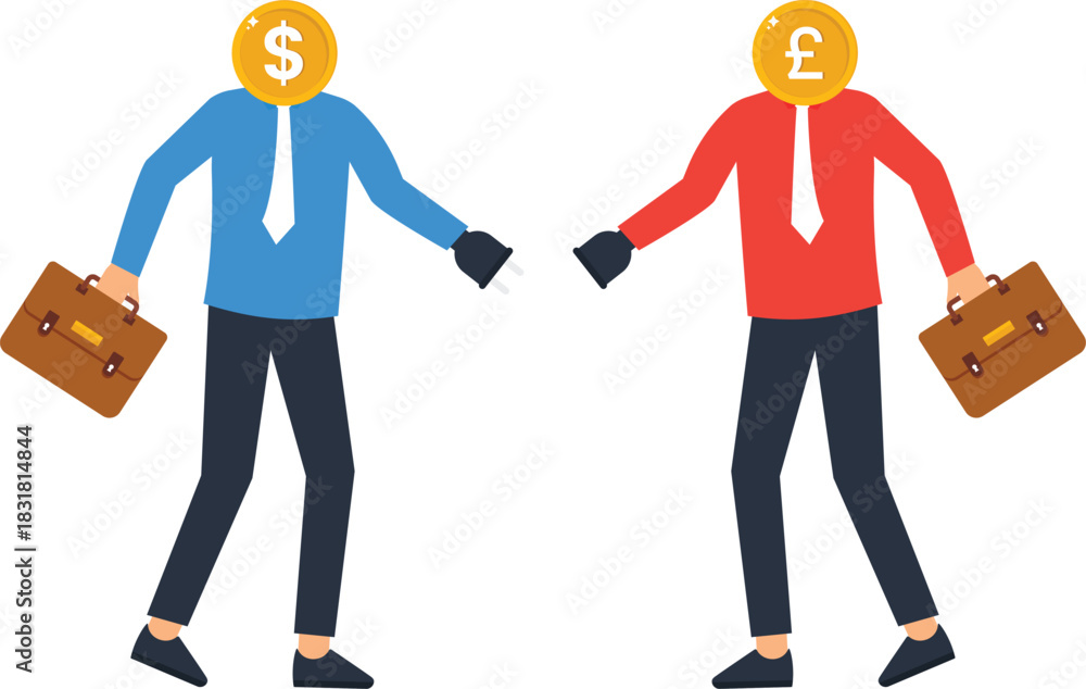 Obraz premium International business partnership with businessmen coin heads. US Dollar and British Pound currency exchange. Financial deal and global trade connection. Corporate collaboration concept.