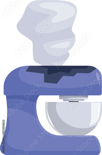Broken stand mixer is emitting smoke from a crack on its top after burning out while mixing ingredients