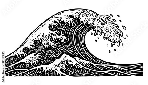 Intricate monochrome wave design with traditional japanese style elements