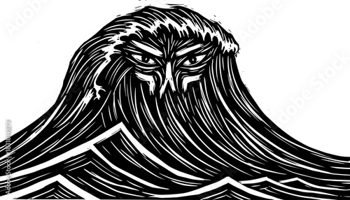 Fierce wave with hidden face design in bold black style