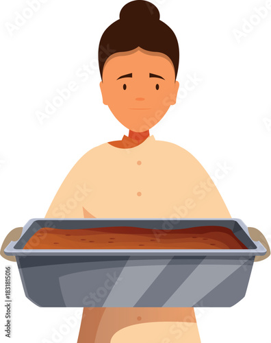 Baker presenting a metal baking tray filled with bread dough, ready to be baked in the oven