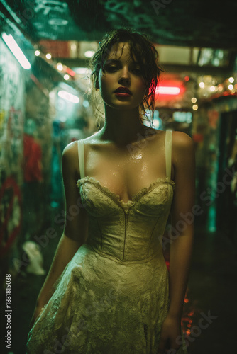 postpunk bride in ruined city courtyard, edgy urban bridal portrait, alternative wedding scene in decayed city space
