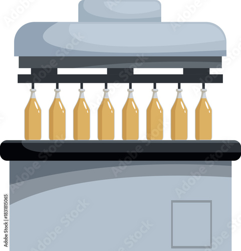 Conveyor belt transporting glass bottles filled with orange juice in a beverage factory, representing industrial production and manufacturing processes