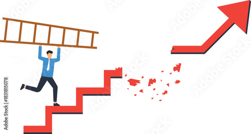 Businessman carrying ladder up broken arrow stairs bridging gap for business growth career path success finding solution problem solving strategic thinking ambition