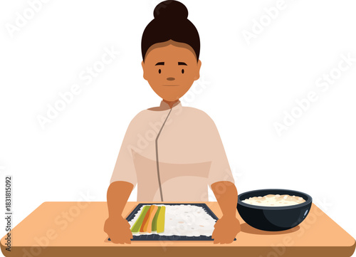 Chef making sushi rolls using bamboo mat, rice, and fresh ingredients