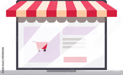 Online shopping concept featuring a laptop displaying an online store website with a striped awning and a shopping cart icon, symbolizing e commerce and digital marketplace