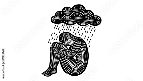 Monochrome line art of a sad figure under raincloud contemplating emotions