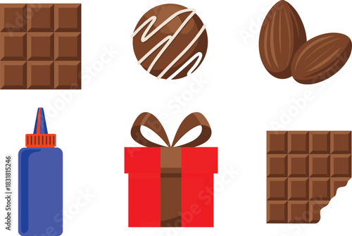 Flat design chocolate icons collection including candy truffle, chocolate bar, almonds, syrup bottle, sweet gift box, delicious dessert illustration set