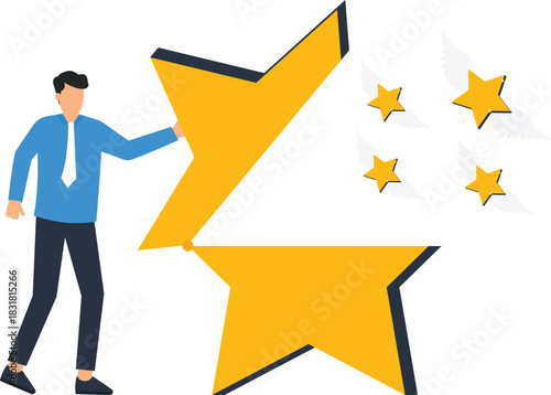 Businessman holding broken star customer review symbol business failure concept rebuilding success corporate achievement flying stars brand reputation