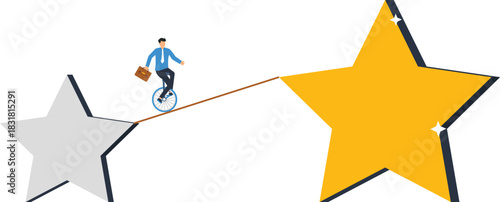 Businessman unicycle balancing on tightrope between two stars. Career path, business goal, risk management, corporate challenge, achieving success, ambition skill, personal growth, forward motion.