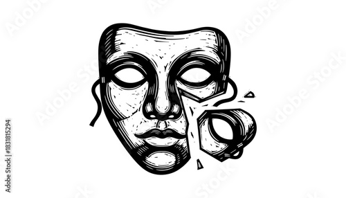 Detailed vintage mask in black and white with broken elements