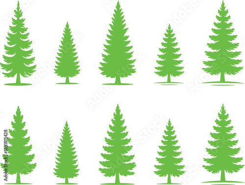 Set of ten pine tree silhouette illustrations featuring evergreen forest shapes, nature clipart elements, conifer icons for design, decoration, and artwork